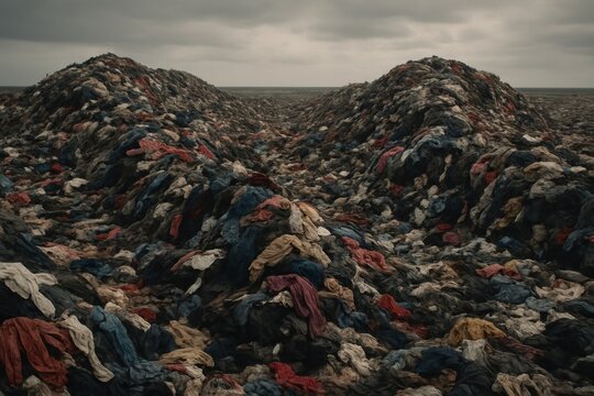 Sobering aerial view of a vast landfill overflowing with massive piles of discarded clothing and textiles, highlighting the environmental impact of fast fashion and textile waste pollution.