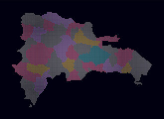 Obraz premium Dominican Republic dotted map. Digital style map of the country on dark background. Dominican Republic shape with square dots. Colored dots style. Small size squares. Classy vector illustration.