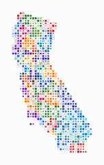 California, shape of the state built of colored cells. Digital style map of California on white background. Small size square blocks. Artistic vector illustration.