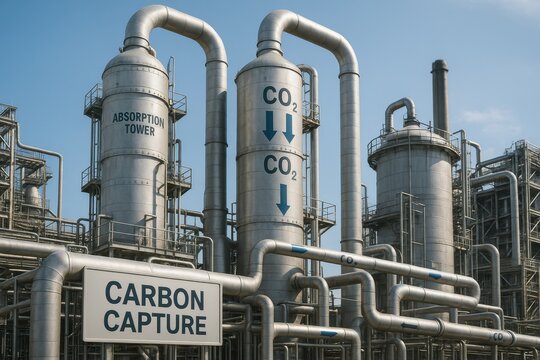 Advanced Carbon Capture Technology System with Absorption Towers in an Industrial Plant Efficiently Storing CO2