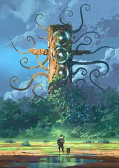 Fototapete A traveler stands before a massive overgrown pillar with glowing rings and tentacle-like branches deep in an alien forest, digital art style, illustration painting © grandfailure