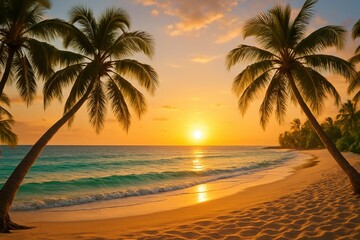 Obraz premium Idyllic Sunset Beach Paradise Palm Trees Swaying Over Sandy Shore by a Calm Ocean Perfect Summer Vacation Scene