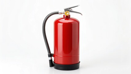 This clean and focused shot features "a vivid red ABC fire extinguisher with its black hose and silver nozzle, positioned centrally against a stark white backdrop, emphasizing its professional design