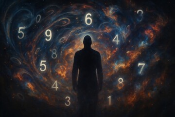 Metaphysical Journey Time Traveler Silhouette Amidst Swirling Numbers and Astral Projections Numerology Concept Collage