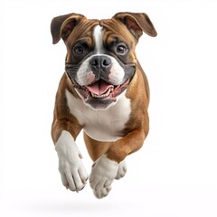 Obraz premium Playful Boxer Dog Jumping in Action. Happy Canine Fun on White Background