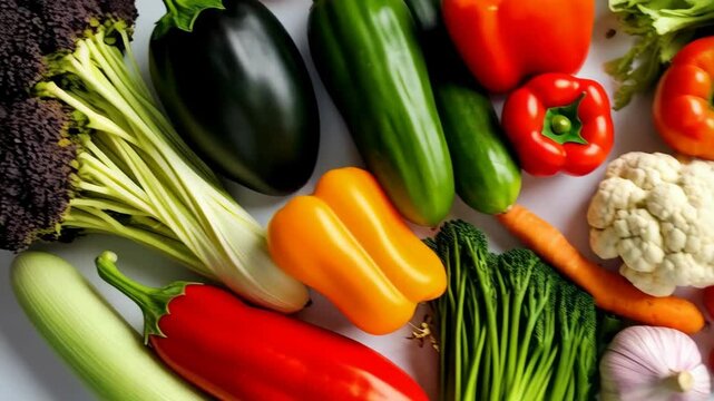 Variety of raw vegetables including peppers, cauliflower, tomatoes, cucumber, eggplant, broccoli, carrots, and garlic on a white background.