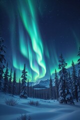 Night sky with aurora borealis over snowy pine forest background wallpaper for card invitation or phone