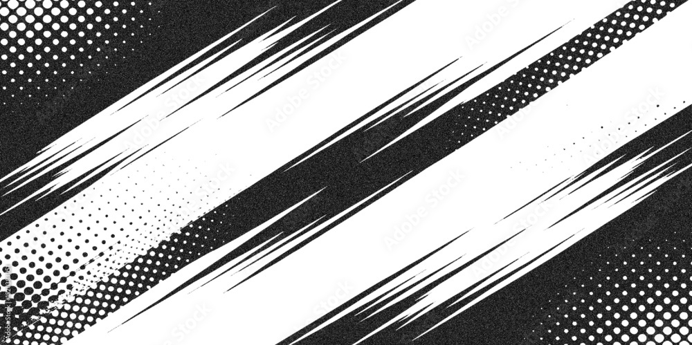 Poster black and white abstract grunge background featuring halftone patterns and brush stroke textures.