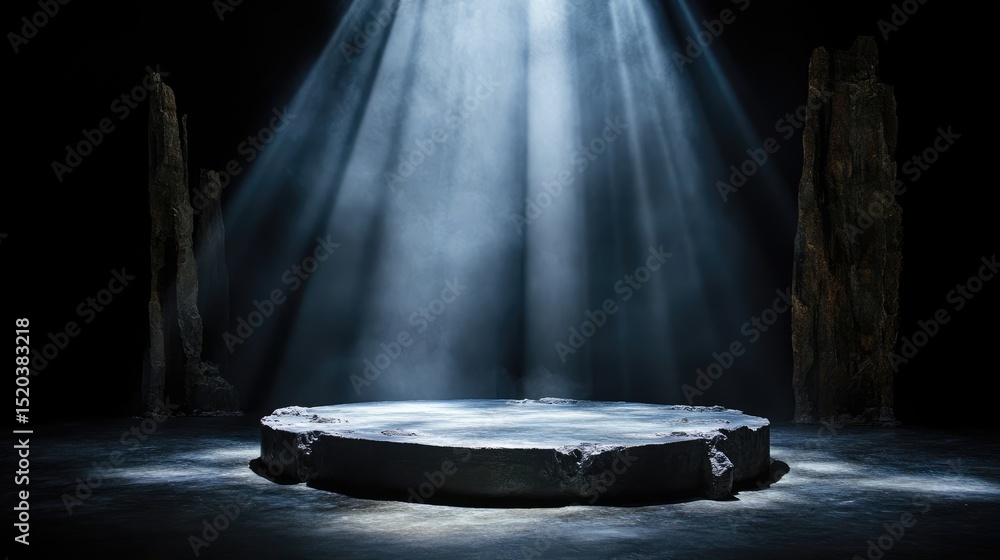 Poster mysterious circular stage shrouded in fog and cut through by beam of light