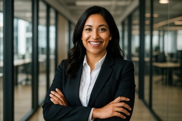 Confident Hispanic Businesswoman with a Bright Toothy Smile and Crossed Arms Posing in a Modern Office a successful Latina leader exuding professionalism and warmth