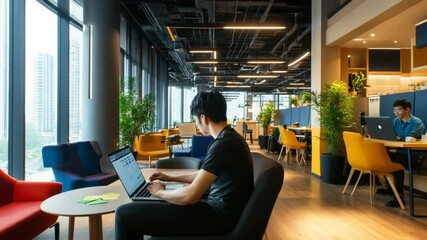 Modern Co-Working Space with Natural Light and Diverse Workstations, Focus on Collaboration - Powered by Adobe