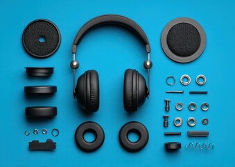 Exploded view of black headphones with arranged components against blue background showing assembly