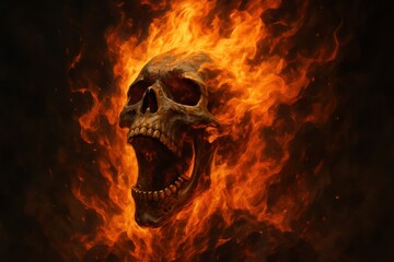 Epic fantasy art of a screaming human skull engulfed in roaring bright orange and yellow flames against a dark dramatic background.