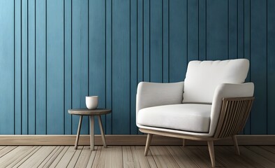 Simple wooden armchair in a teal-colored room.
