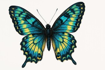 Obraz premium Exquisite Macro Photograph of a Blue and Yellow Butterfly in Mid-Flight its delicate patterned wings spread wide against a pristine white background