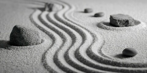 Monochrome Zen Garden with Smooth Sand Patterns and Carefully Placed Rocks Promoting Serenity