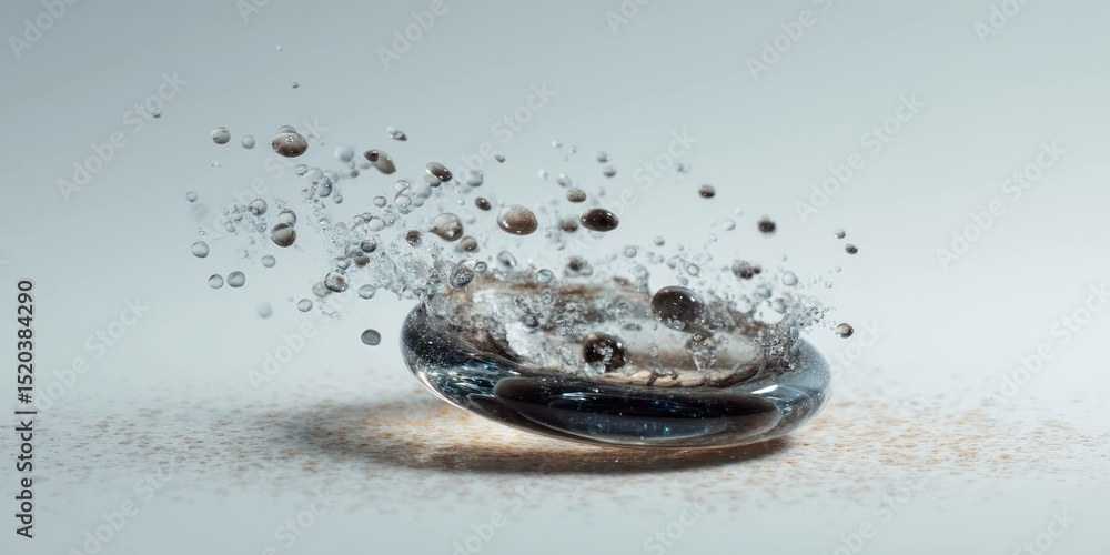 Poster high-speed capture of liquid motion: water droplet impact creating splash with dynamic bubbles