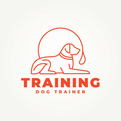 Obraz premium minimalist dog with collar and leash line art icon logo vector illustration design. simple modern dog trainer or dog sitter logo concept