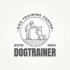minimalist someone training a dog line art badge icon logo vector illustration design. simple modern dog trainer or dog sitter emblem logo concept