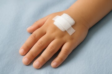 Intravenous cannula secured with plaster on child's hand resting on hospital bed
