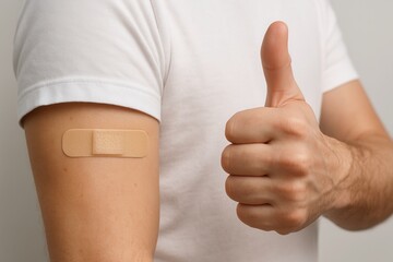 Patient showing thumb up after vaccination with adhesive bandage on arm