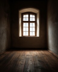 Illuminated window in a dark room showcasing contrasting light and shadow aesthetic