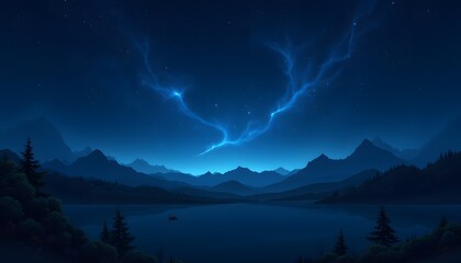 Serene Night Sky Over Tranquil Lake and Majestic Mountain Range