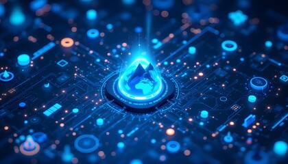 Digital Landscape with Mountains and Global Connectivity Elements