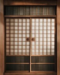 Japanese shoji screen door with wooden frame and translucent paper panels provides privacy