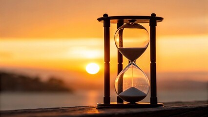 A sleek glass hourglass with dark sand stands silhouetted against a breathtaking sunset, casting warm golden and orange hues across the scene