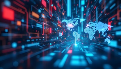 Abstract Digital World Map with Colorful Data Streams and Grids