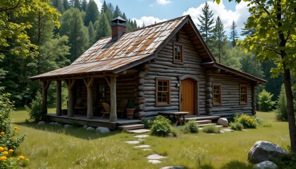 Charming Rustic Log Cabin Surrounded by Lush Green Forest Scenery