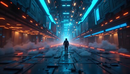 Futuristic Corridor with Neon Lights and Solitary Figure Walking