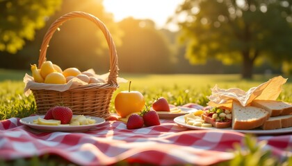 Sunlit Picnic Scene with Basket, Fruits, Bread, and Checkered Blanket