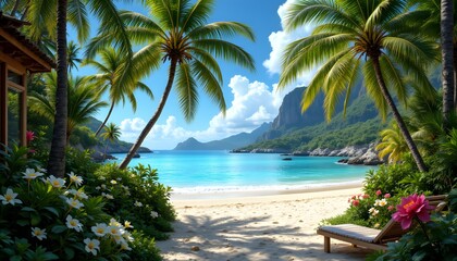 Serene Tropical Paradise with Palm Trees and Crystal Clear Water