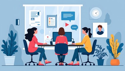 Three Women Collaborating in a Modern Office Workspace Setup