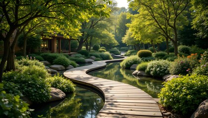 Serene Garden Pathway Curving Through Lush Green Landscape