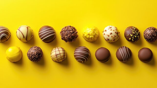 Creamy milk chocolate truffles, elegantly placed on yellow for high contrast and appeal