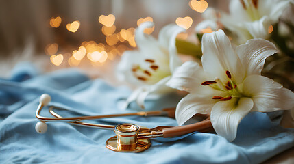 Serene close-up of a nurse's stethoscope resting on fresh white lilies with soft blue scrubs and heart-shaped bokeh lights, warm golden glow symbolizing professionalism and care for International Nurs