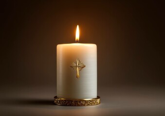 Elegant candle with golden cross shining brightly in soft ambient light