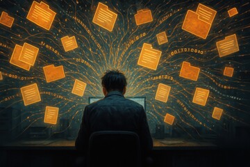 Overwhelmed Office Worker Drowning in a Sea of Digital Files and Virtual Folders a metaphorical representation of modern work stress with glowing data streams
