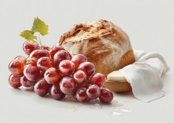 Still life composition with fresh grapes, crusty bread, and a white linen cloth on table