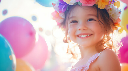 Vibrant close-up of joyful child with colorful face paint and flower crown, smiling under warm sunlight with pastel balloons in background. Innocent and happy childhood concept for International Child