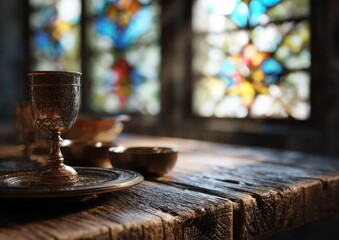 Medieval chalice and bowls on a rustic wooden table against stained glass windows