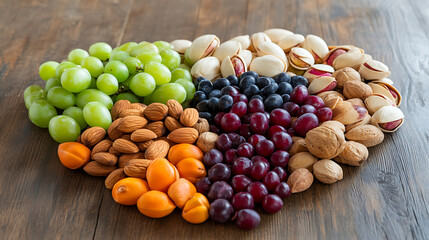 Healthy nuts and fruits arranged in heart shape on wooden table with soft focus medical chart showing cholesterol levels in background, healthy eating and heart care concept.