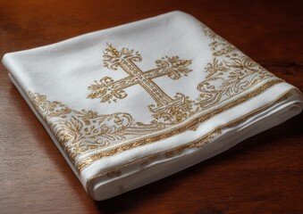 Elegant religious cloth with golden cross embroidery resting on a wooden surface