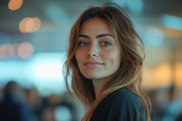 Obraz premium Portrait of a Confident Young Brunette Woman with Vibrant Smile and Stylish Casual Attire. Trendy Lifestyle Photography Capturing Natural Beauty and Friendly Expression