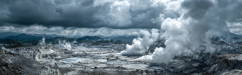 Aerial view of steaming geothermal pools with bubbling hot springs and cracked earth, showcasing volcanic activity and natural chaos in dramatic landscape.