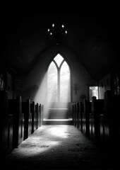 Dramatic light through church window illuminates a path to faith and spirituality