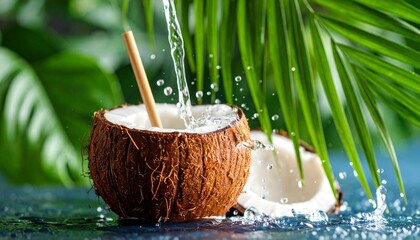 Coconut with straw. Splashes of water. Summer background with palm leaves, coconut, droplets. 